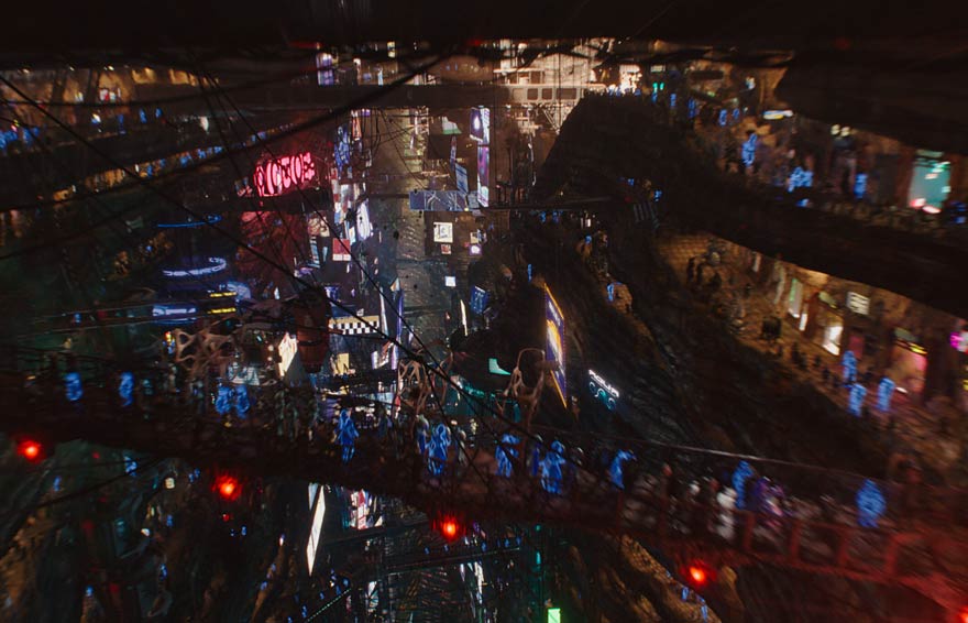 Still from Valerian and the City of a Thousand Planets showing a city environment.